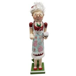 Wooden Christmas Nutcracker w/defect,15",MRS. CLAUS IN APRON WITH CUPCAKE,ATH,sp